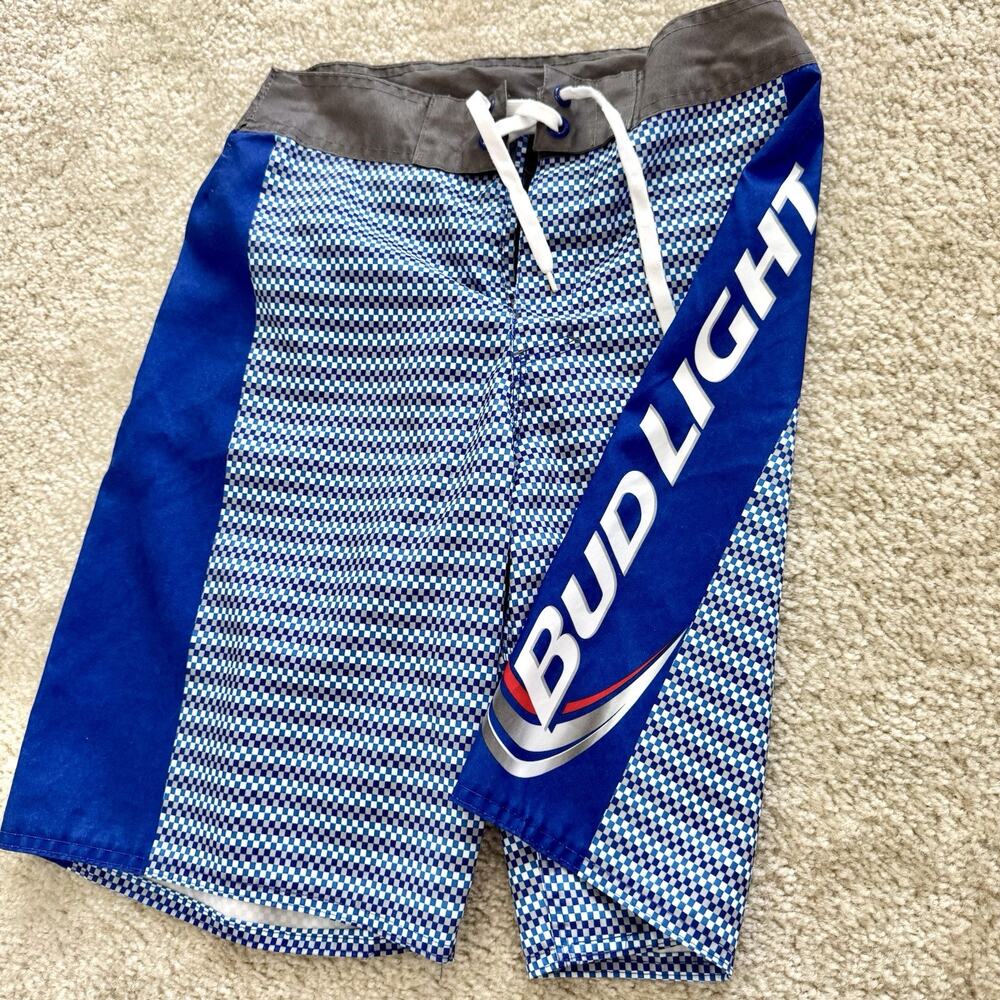 Bud Light Board Shorts Mens Size 30 Blue Checkered Swim Trunks Surf Beach Light